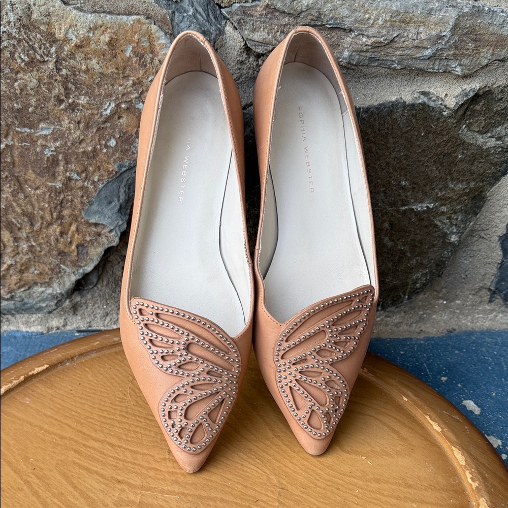 Sophia Webster Bibi Butterfly Flats Nude Leather Studded Pointed Toe size 7